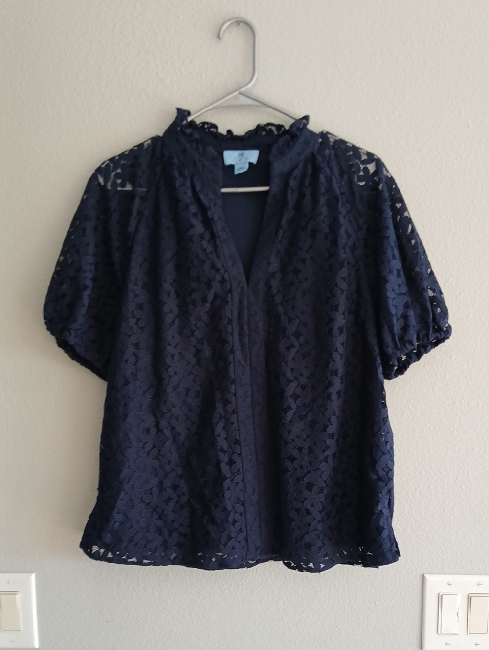 CeCe Navy Blue Lace Short Puff Sleeve Blouse Large Office Casual Business